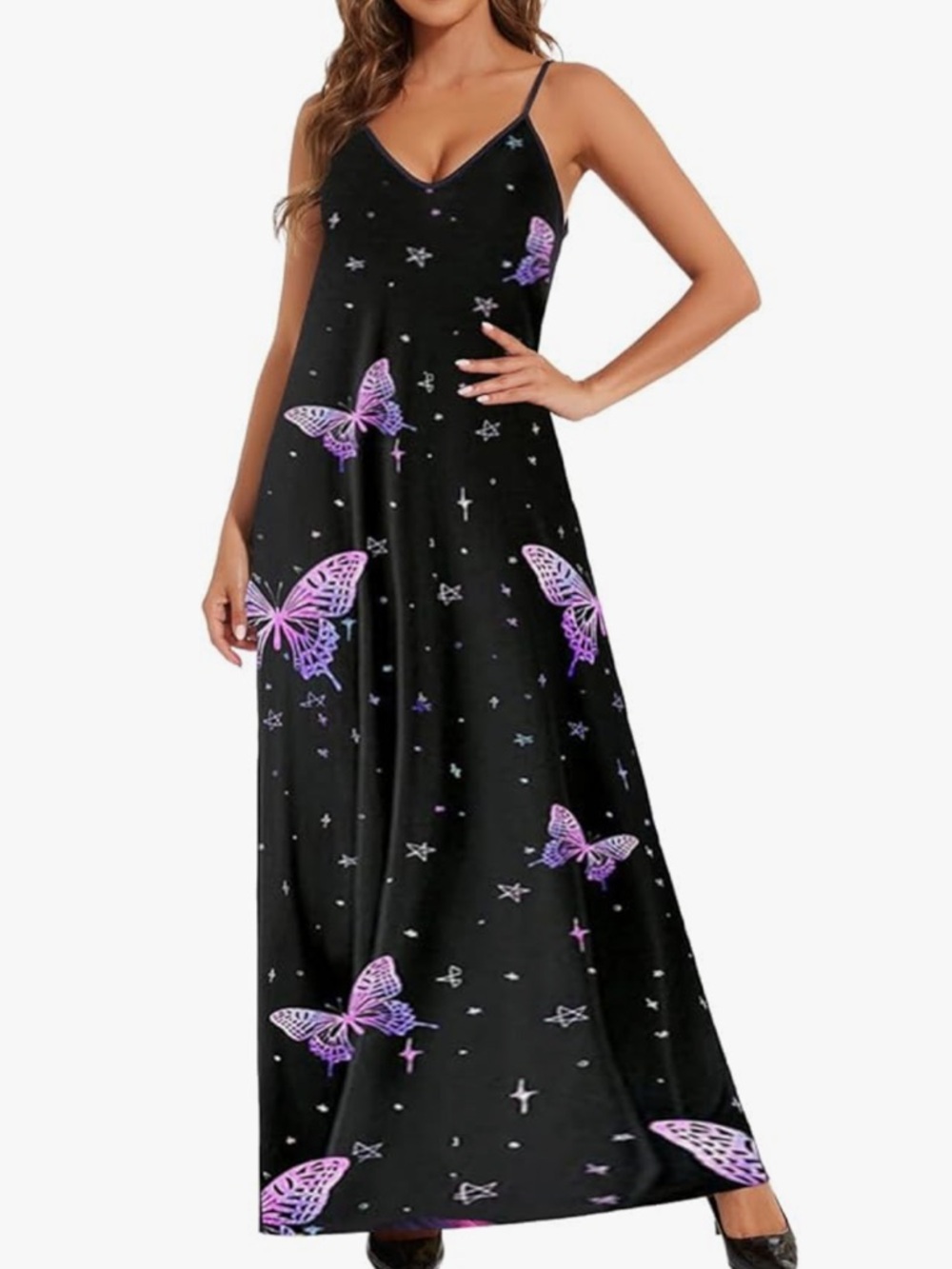 Chic Nation Black Maxi Slip Dress with Purple Butterfly Print